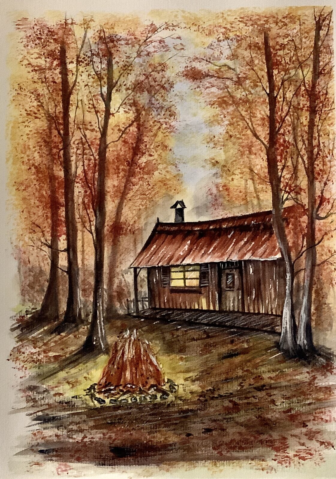 Rustic Log Cabin With Glowing Camp Fire