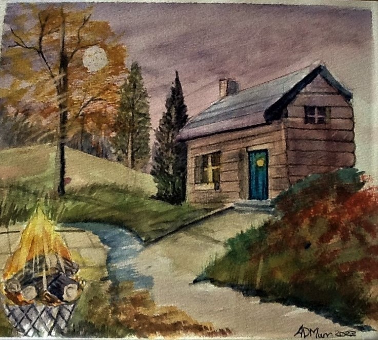 Campfire near Log Cabin