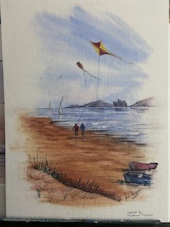 Beach and seascape with kites and  boats