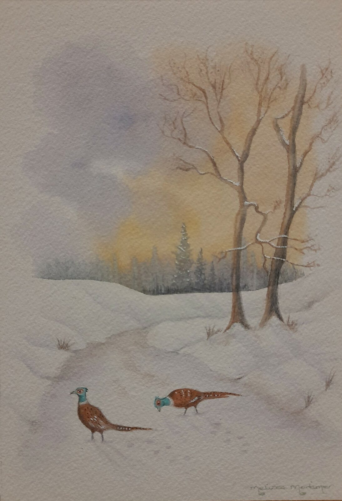 Pheasants in  a Winter Woodland